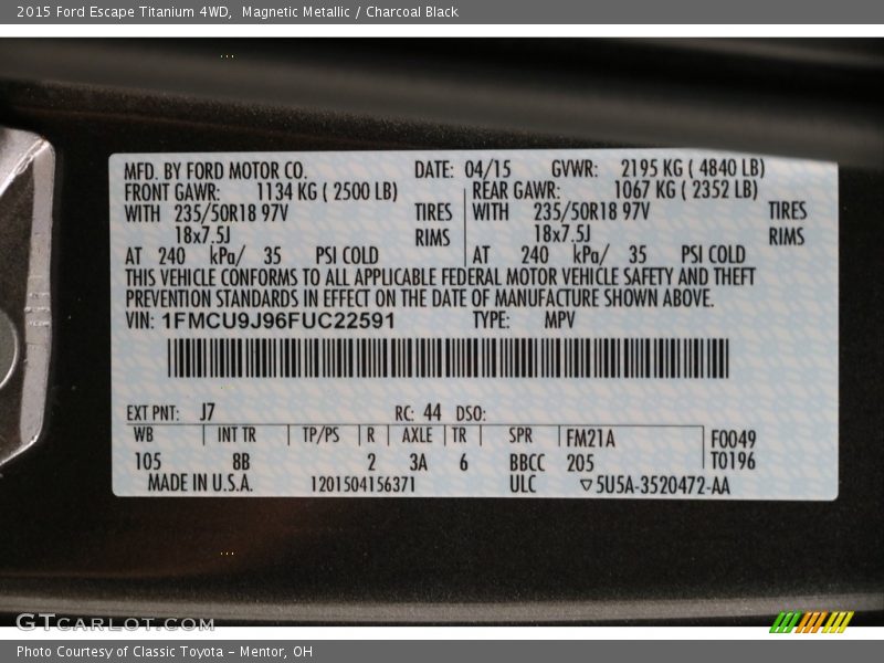 Magnetic Metallic / Charcoal Black 2015 Ford Escape Titanium 4WD