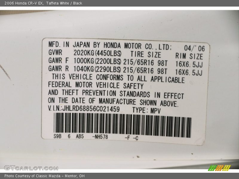 Taffeta White / Black 2006 Honda CR-V EX