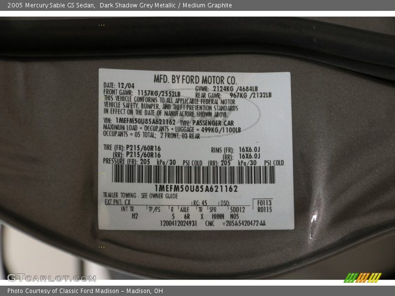 Dark Shadow Grey Metallic / Medium Graphite 2005 Mercury Sable GS Sedan