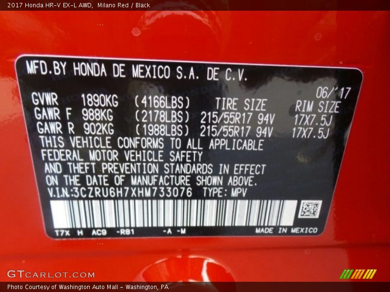 Milano Red / Black 2017 Honda HR-V EX-L AWD