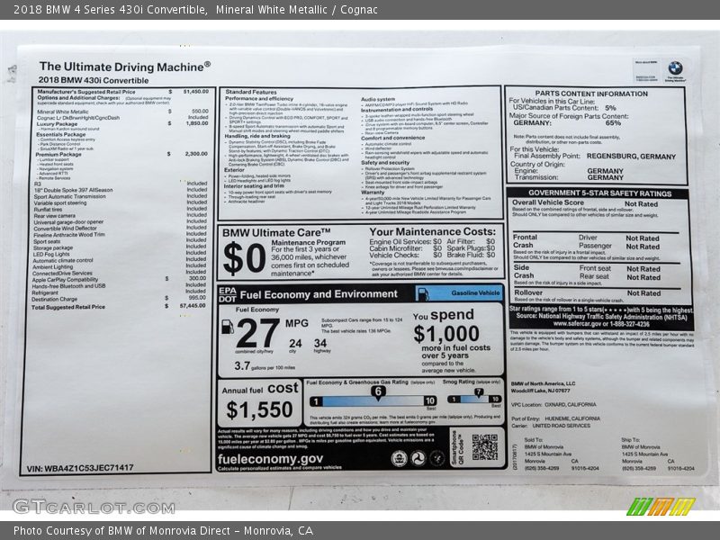 Mineral White Metallic / Cognac 2018 BMW 4 Series 430i Convertible