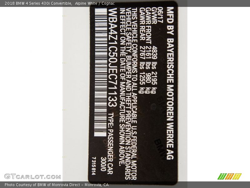 Alpine White / Cognac 2018 BMW 4 Series 430i Convertible