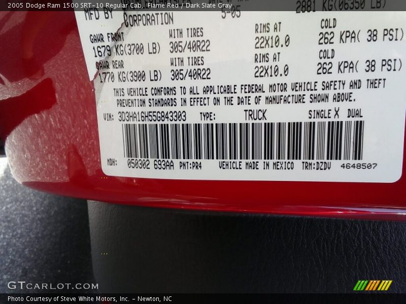 2005 Ram 1500 SRT-10 Regular Cab Flame Red Color Code PR4