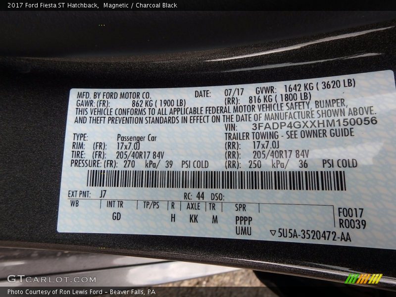 2017 Fiesta ST Hatchback Magnetic Color Code J7