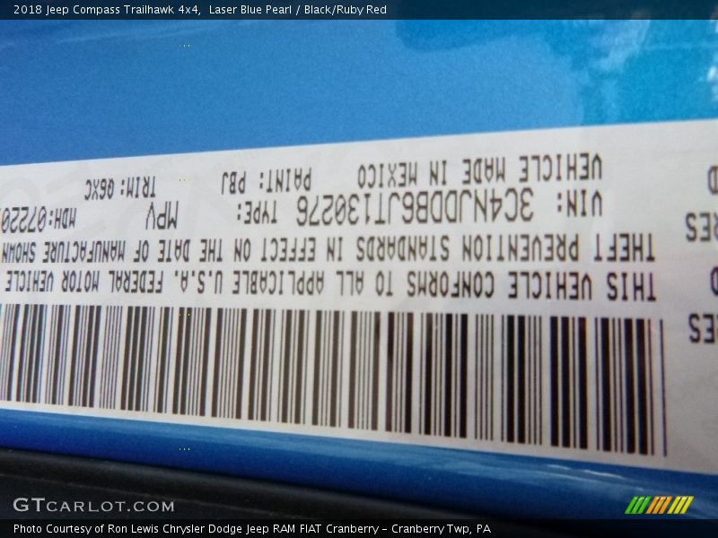 2018 Compass Trailhawk 4x4 Laser Blue Pearl Color Code PBJ