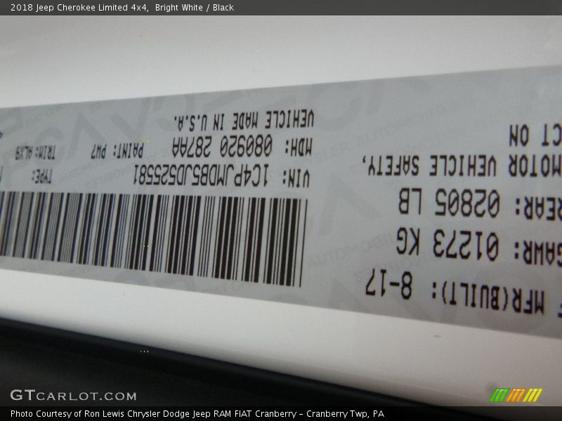 2018 Cherokee Limited 4x4 Bright White Color Code PW7