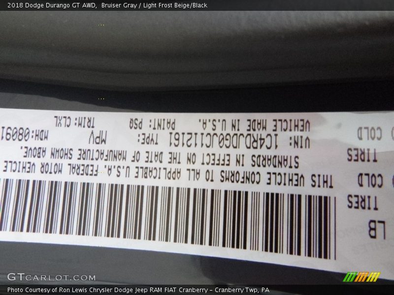 2018 Durango GT AWD Bruiser Gray Color Code PSQ