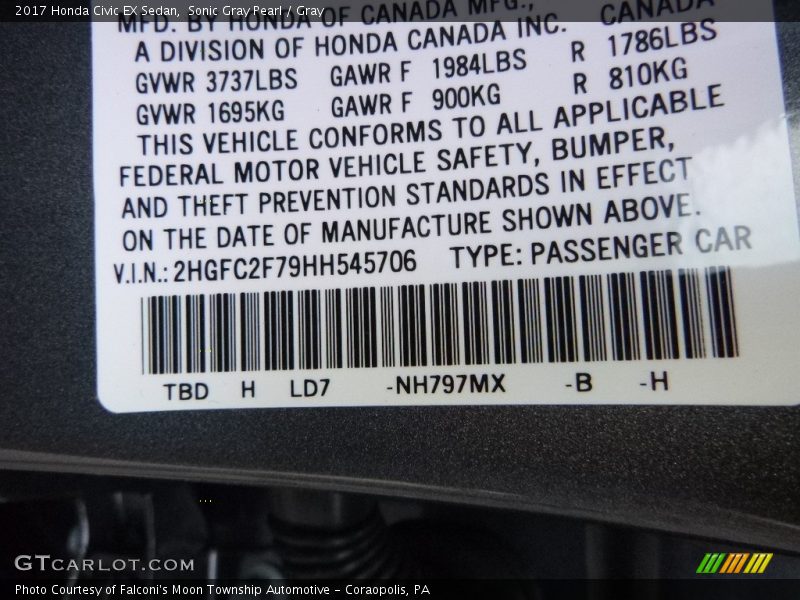 Sonic Gray Pearl / Gray 2017 Honda Civic EX Sedan
