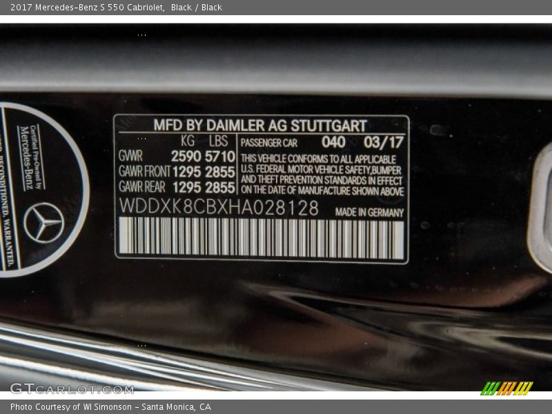 2017 S 550 Cabriolet Black Color Code 040