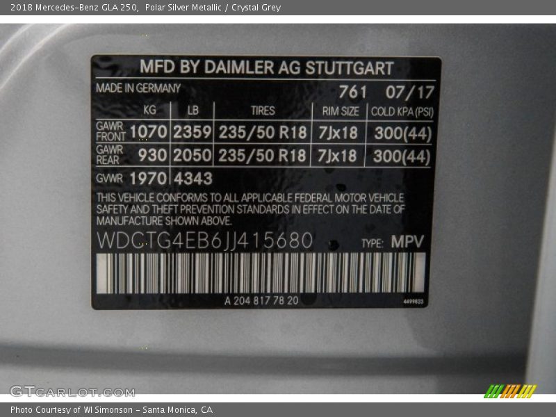 Polar Silver Metallic / Crystal Grey 2018 Mercedes-Benz GLA 250
