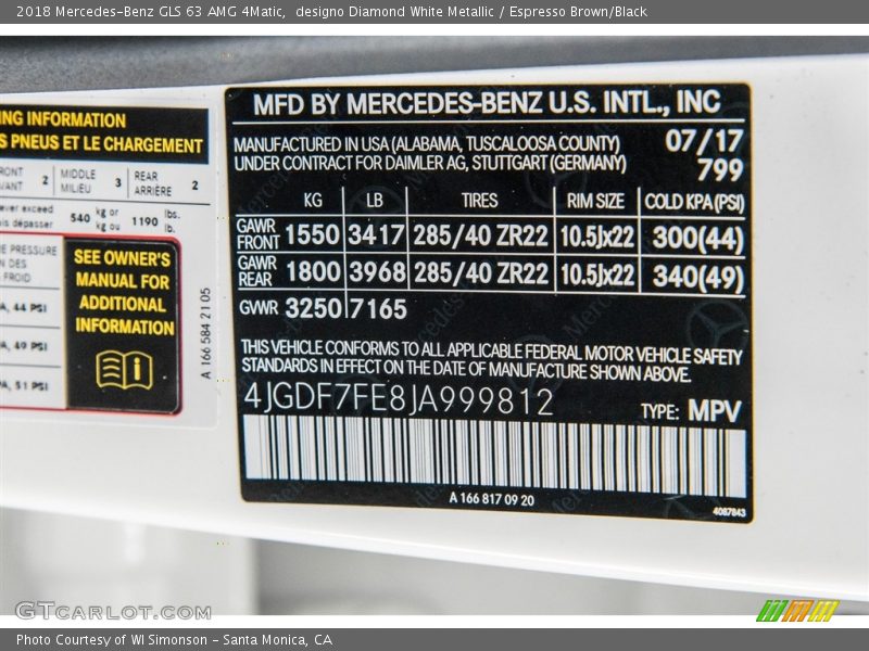 2018 GLS 63 AMG 4Matic designo Diamond White Metallic Color Code 799