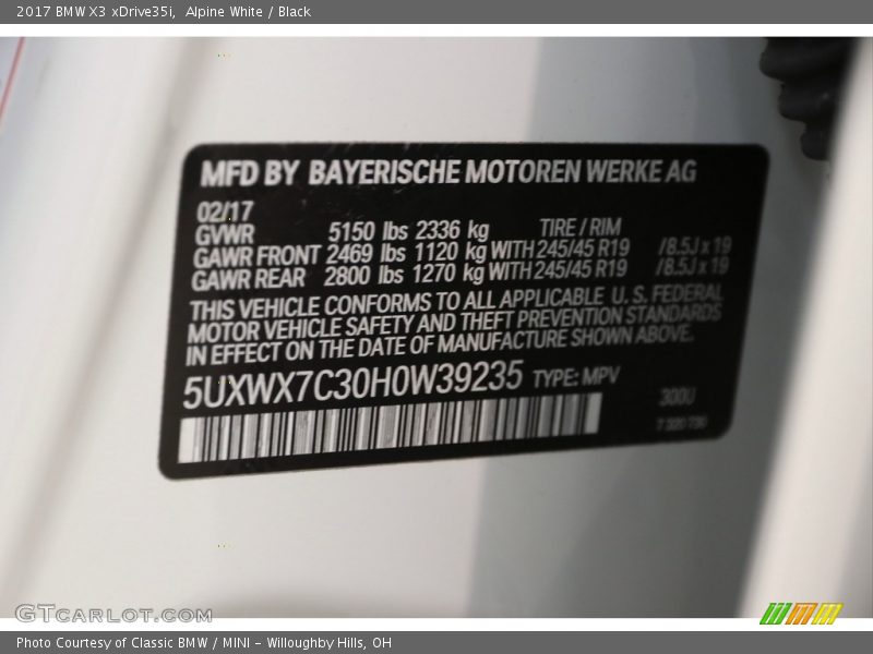 Alpine White / Black 2017 BMW X3 xDrive35i