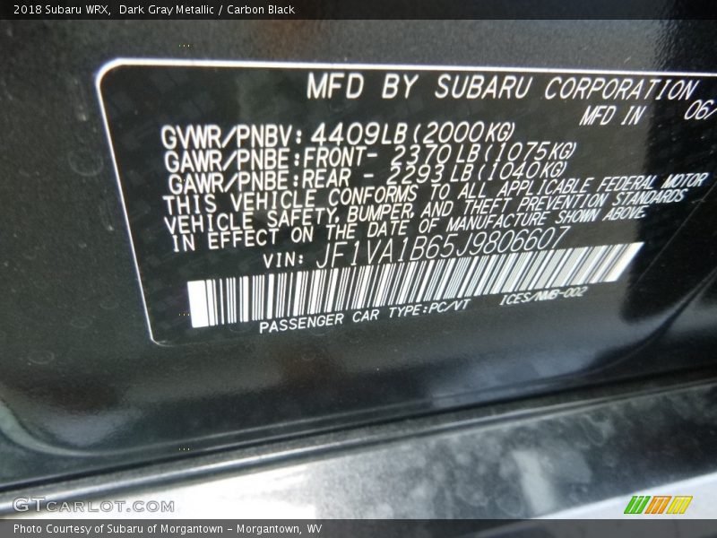 Dark Gray Metallic / Carbon Black 2018 Subaru WRX