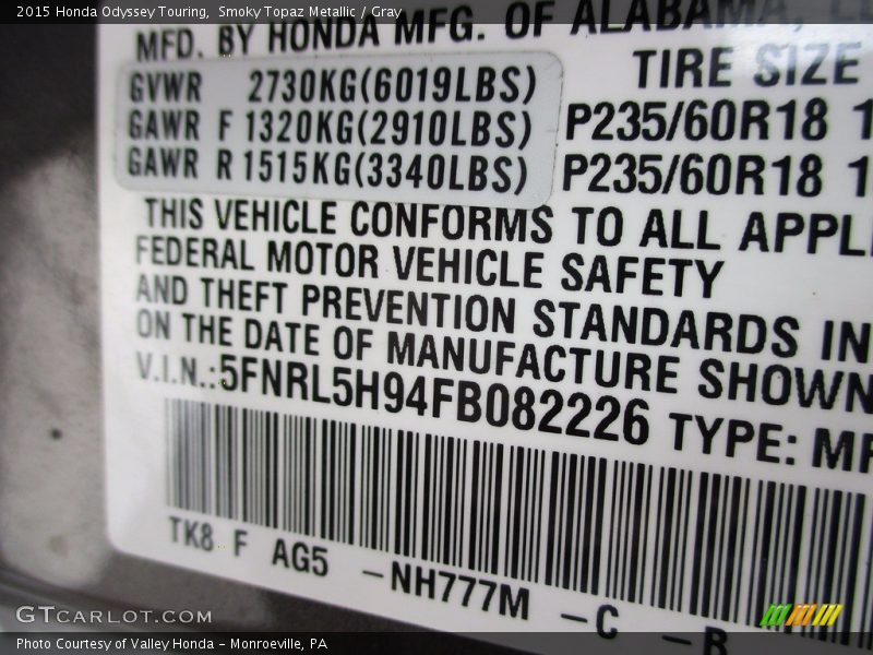 Smoky Topaz Metallic / Gray 2015 Honda Odyssey Touring