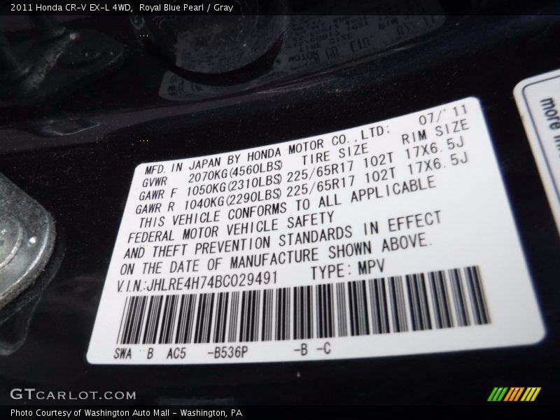 Royal Blue Pearl / Gray 2011 Honda CR-V EX-L 4WD