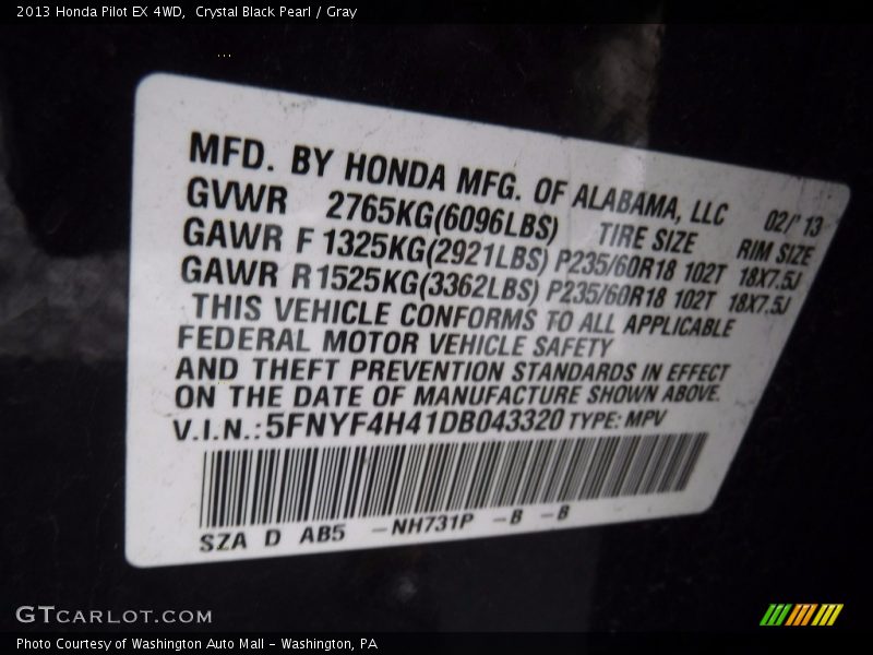 Crystal Black Pearl / Gray 2013 Honda Pilot EX 4WD