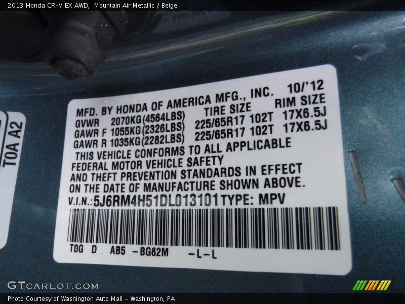 Mountain Air Metallic / Beige 2013 Honda CR-V EX AWD