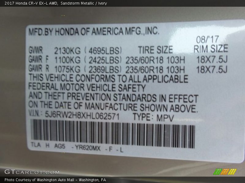 Sandstorm Metallic / Ivory 2017 Honda CR-V EX-L AWD