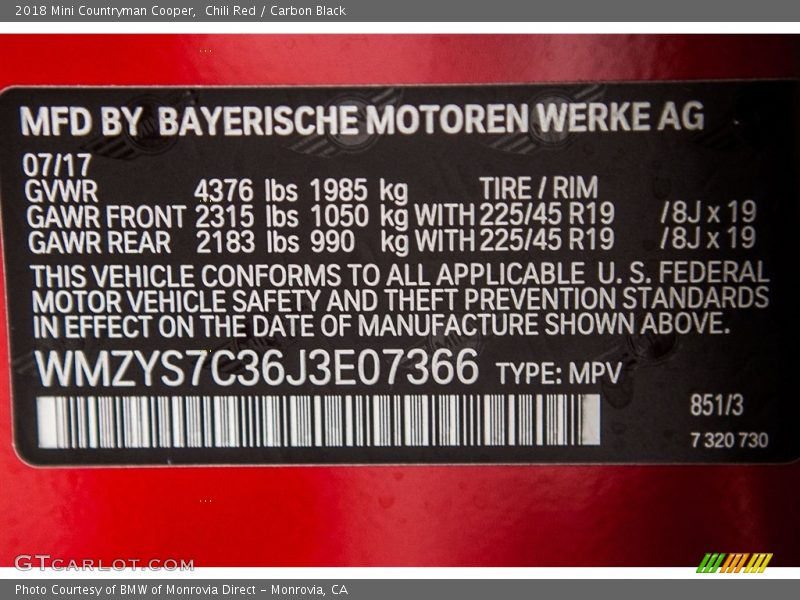 2018 Countryman Cooper Chili Red Color Code 851