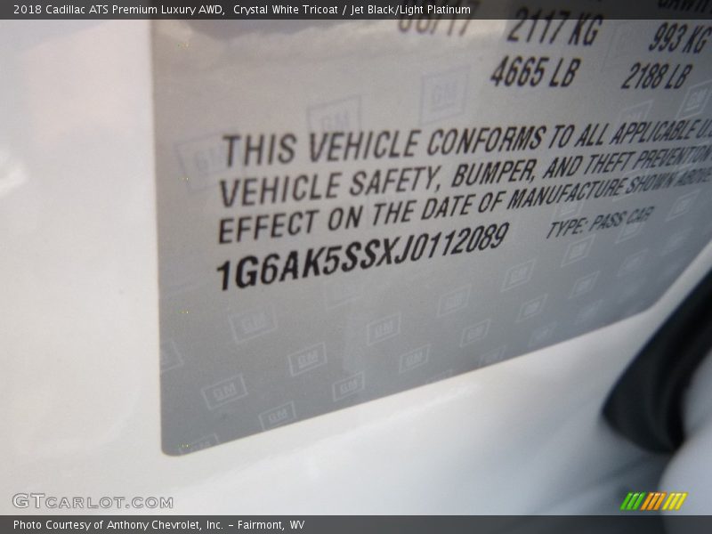 Crystal White Tricoat / Jet Black/Light Platinum 2018 Cadillac ATS Premium Luxury AWD