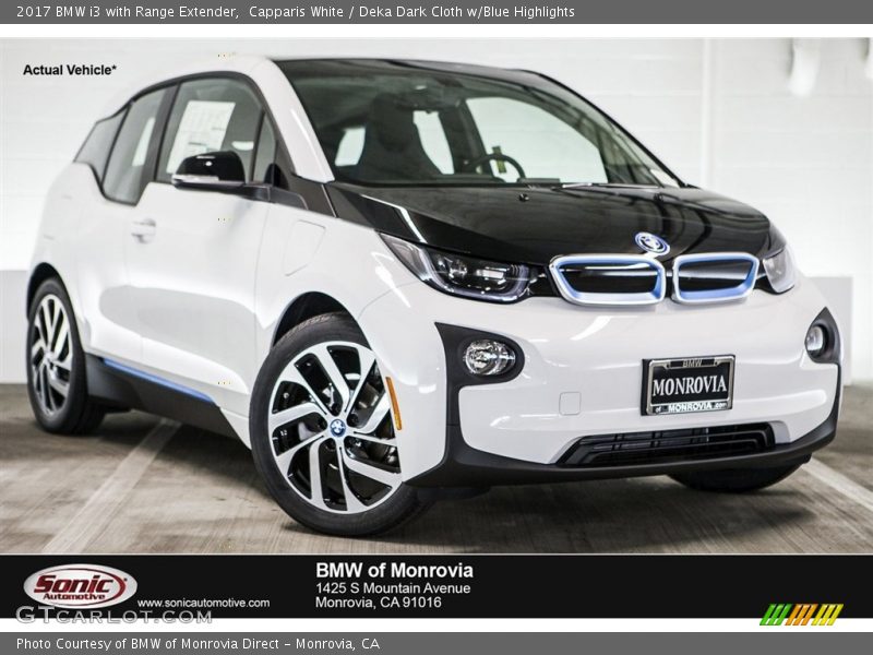 Capparis White / Deka Dark Cloth w/Blue Highlights 2017 BMW i3 with Range Extender