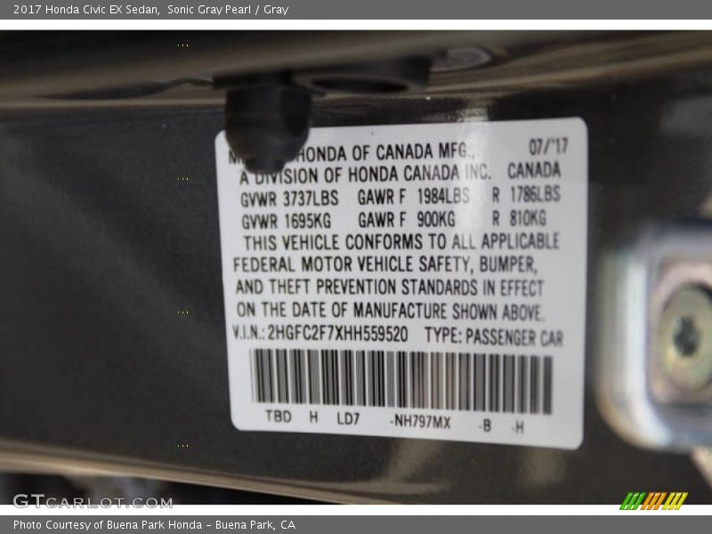 Sonic Gray Pearl / Gray 2017 Honda Civic EX Sedan