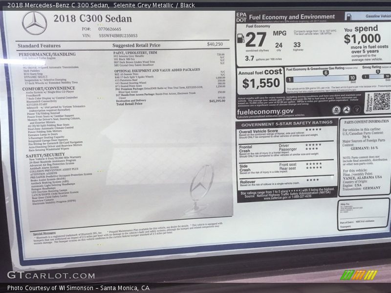  2018 C 300 Sedan Window Sticker
