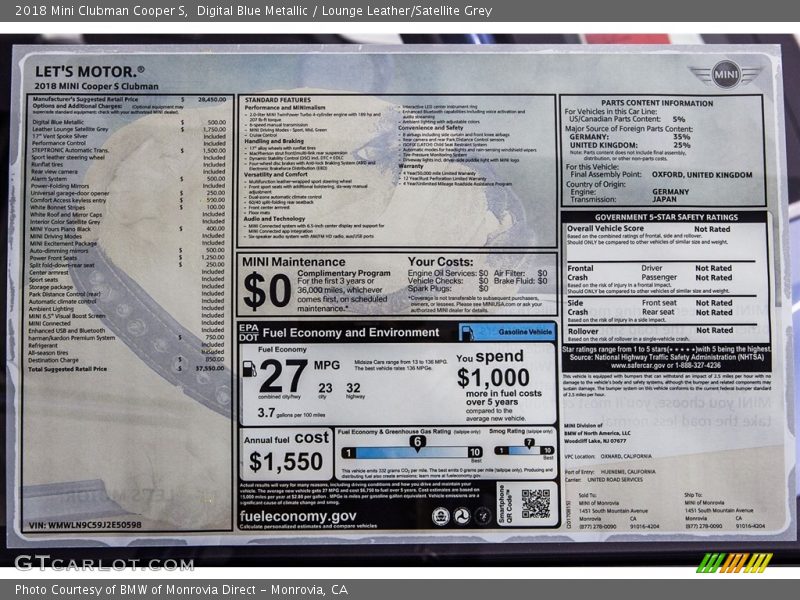  2018 Clubman Cooper S Window Sticker