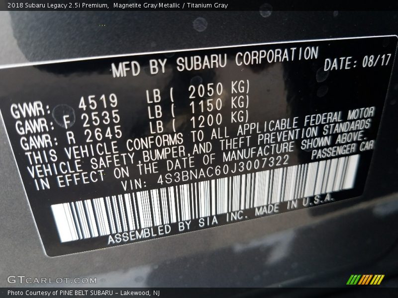 Magnetite Gray Metallic / Titanium Gray 2018 Subaru Legacy 2.5i Premium