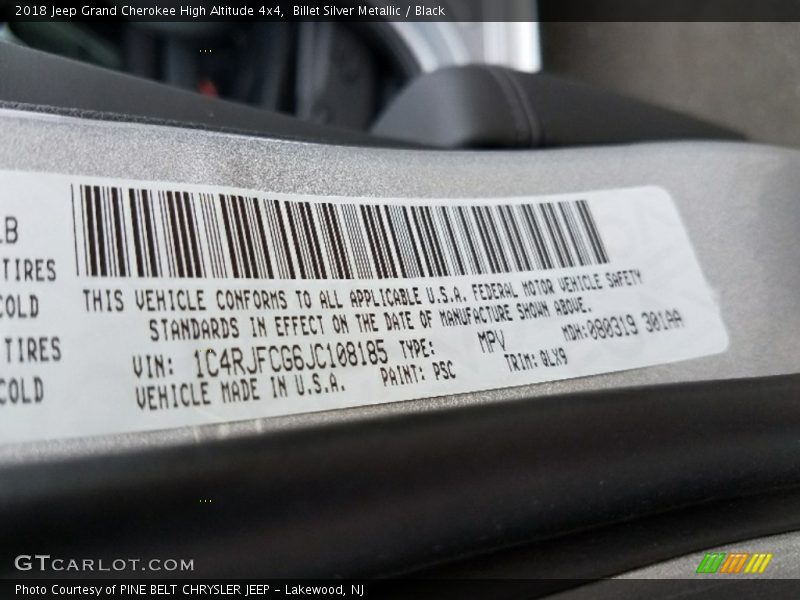 2018 Grand Cherokee High Altitude 4x4 Billet Silver Metallic Color Code PSC
