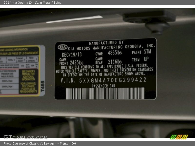 Satin Metal / Beige 2014 Kia Optima LX