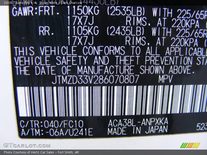 Super White / Dark Charcoal 2008 Toyota RAV4 I4
