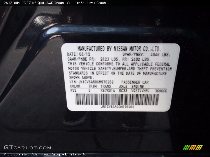 Graphite Shadow / Graphite 2012 Infiniti G 37 x S Sport AWD Sedan
