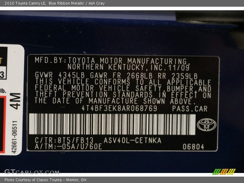 Blue Ribbon Metallic / Ash Gray 2010 Toyota Camry LE
