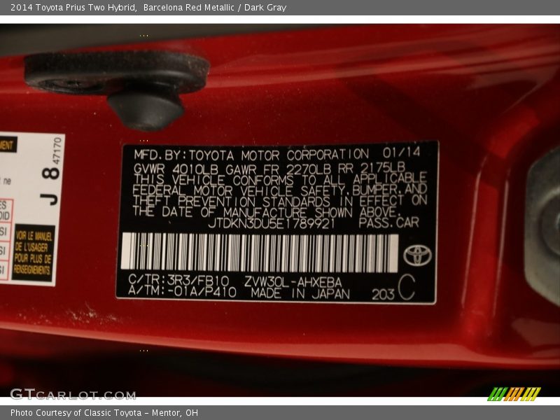 Barcelona Red Metallic / Dark Gray 2014 Toyota Prius Two Hybrid