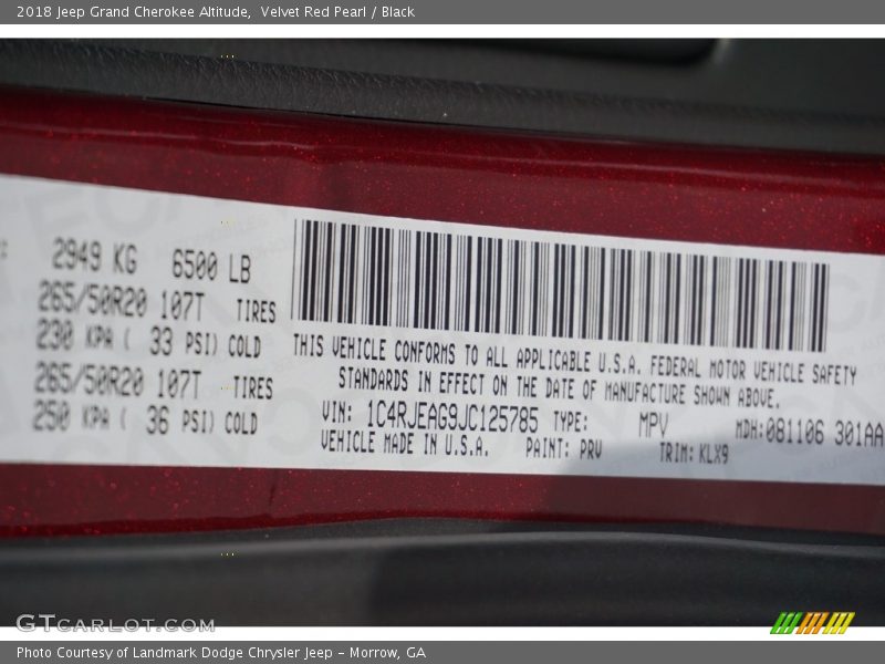 2018 Grand Cherokee Altitude Velvet Red Pearl Color Code PRV