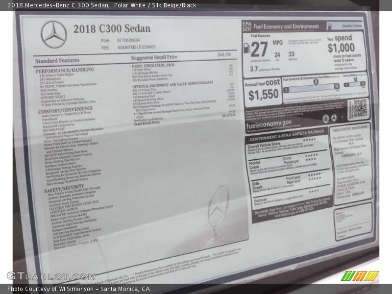  2018 C 300 Sedan Window Sticker