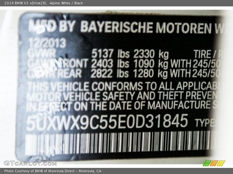 Alpine White / Black 2014 BMW X3 xDrive28i