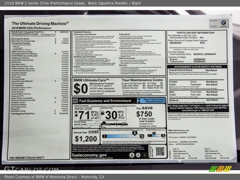 Black Sapphire Metallic / Black 2018 BMW 3 Series 330e iPerformance Sedan