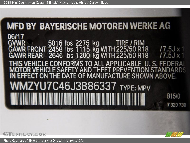 2018 Countryman Cooper S E ALL4 Hybrid Light White Color Code B15