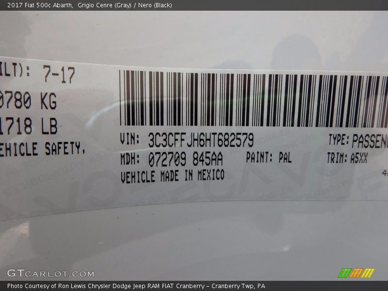 2017 500c Abarth Grigio Cenre (Gray) Color Code PAL