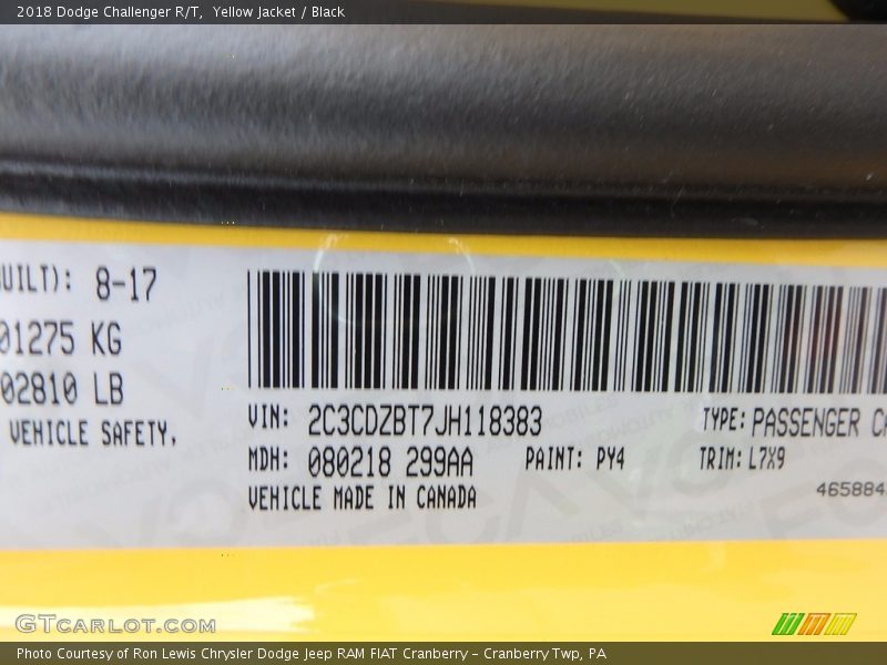 2018 Challenger R/T Yellow Jacket Color Code PY4