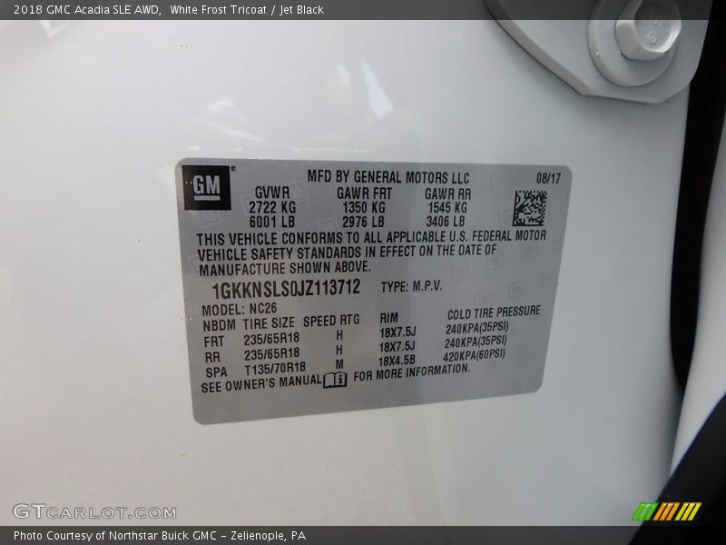 White Frost Tricoat / Jet Black 2018 GMC Acadia SLE AWD