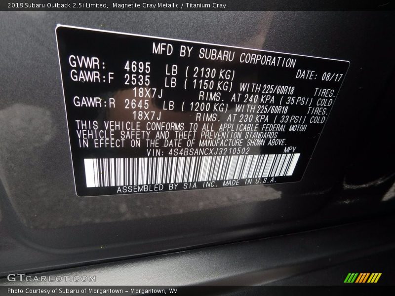 Magnetite Gray Metallic / Titanium Gray 2018 Subaru Outback 2.5i Limited