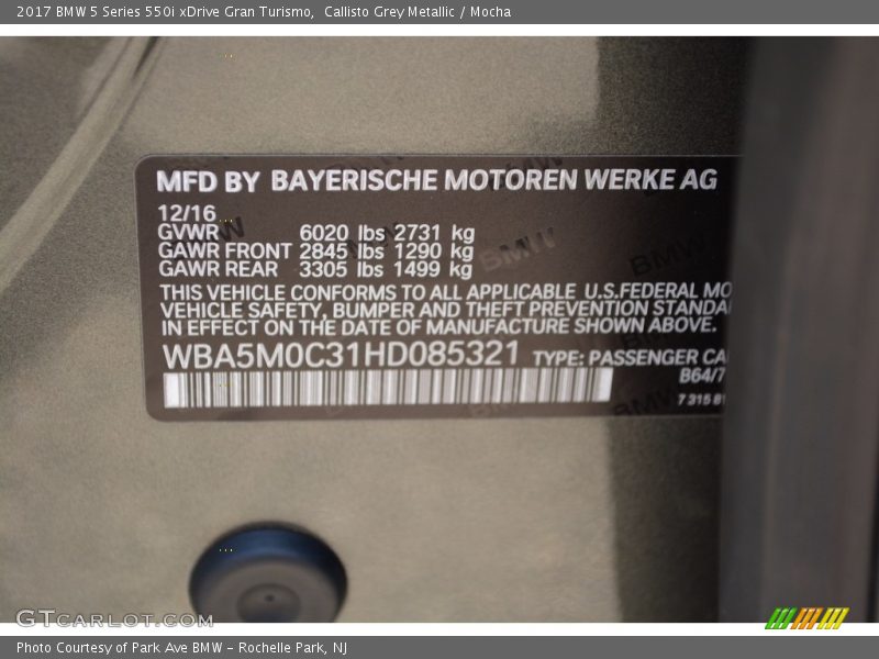 Callisto Grey Metallic / Mocha 2017 BMW 5 Series 550i xDrive Gran Turismo
