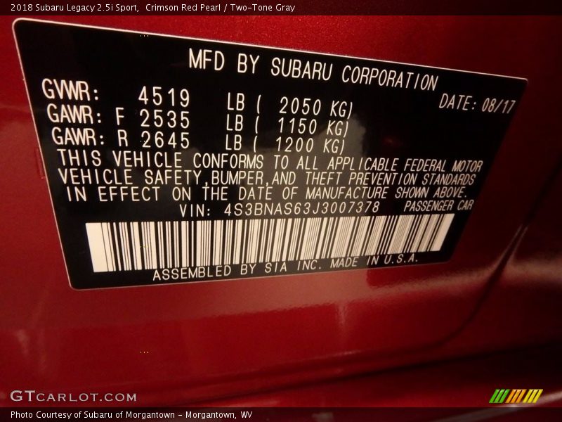 Crimson Red Pearl / Two-Tone Gray 2018 Subaru Legacy 2.5i Sport