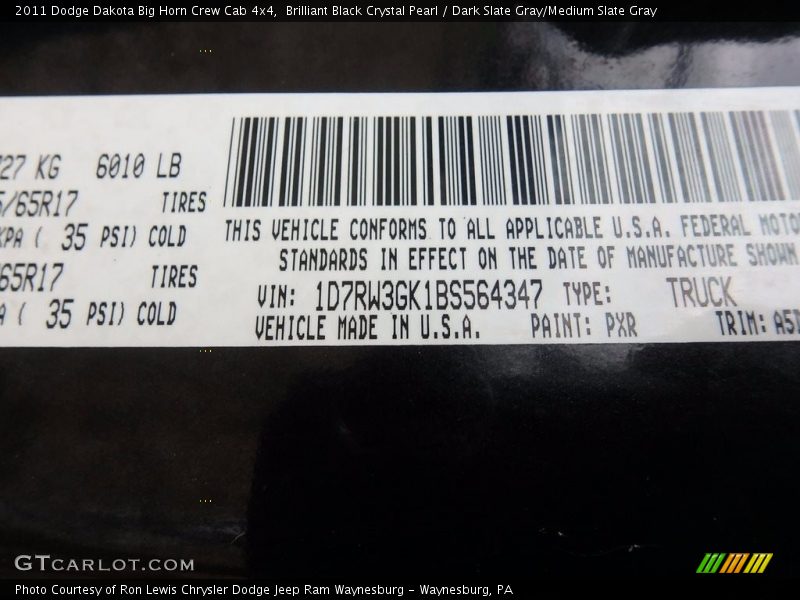 Brilliant Black Crystal Pearl / Dark Slate Gray/Medium Slate Gray 2011 Dodge Dakota Big Horn Crew Cab 4x4