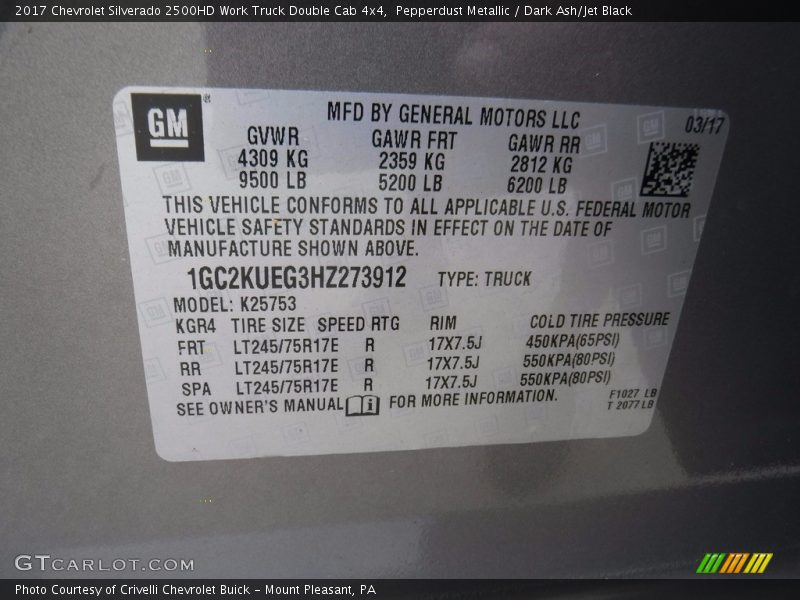 Pepperdust Metallic / Dark Ash/Jet Black 2017 Chevrolet Silverado 2500HD Work Truck Double Cab 4x4