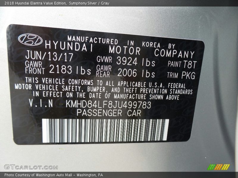 Symphony Silver / Gray 2018 Hyundai Elantra Value Edition