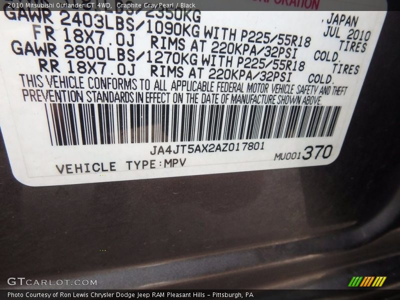 Graphite Gray Pearl / Black 2010 Mitsubishi Outlander GT 4WD